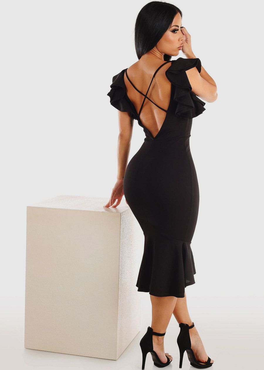Black Ruffled Bodycon Midi Dress w Mermaid Hem sold by Moda product image thumbnail 2