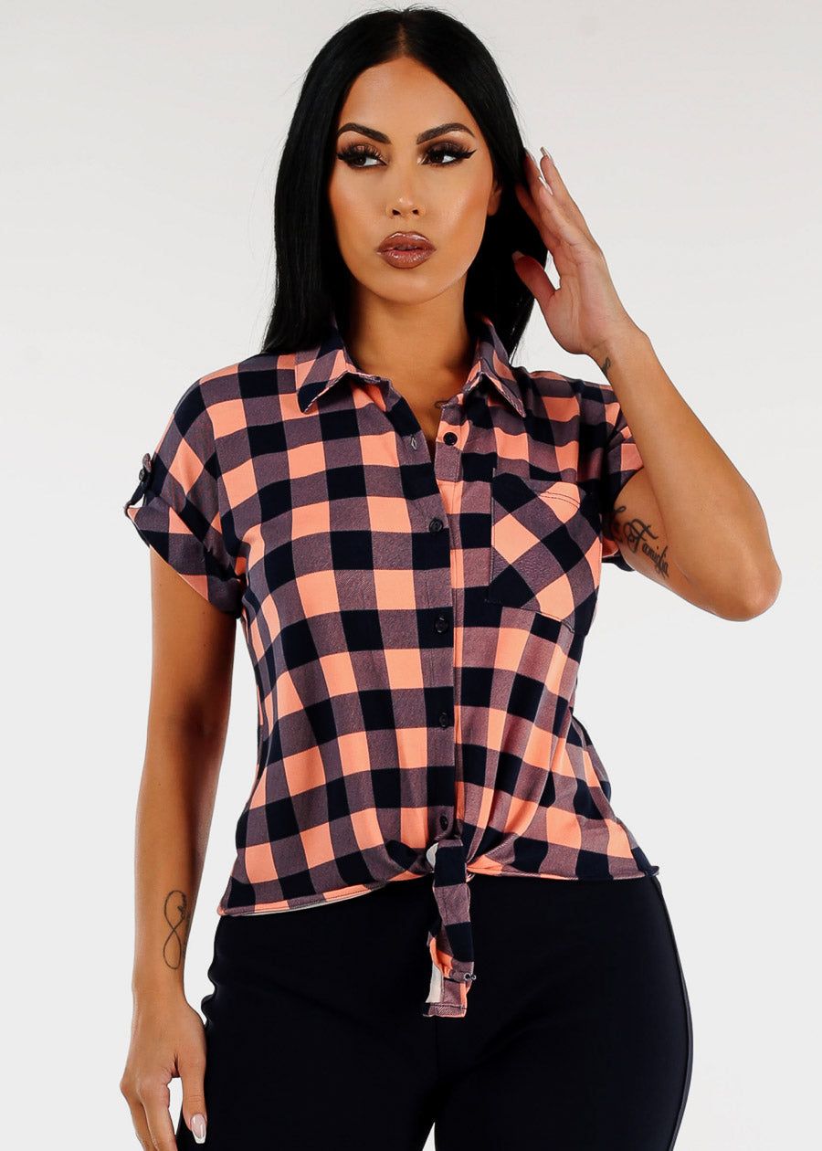 Short Sleeve Tie Front Button Up Plaid Shirt Mauve & Navy sold by Moda