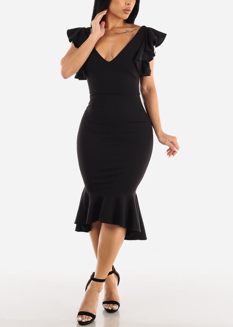 Black Ruffled Bodycon Midi Dress w Mermaid Hem sold by Moda product image thumbnail 3