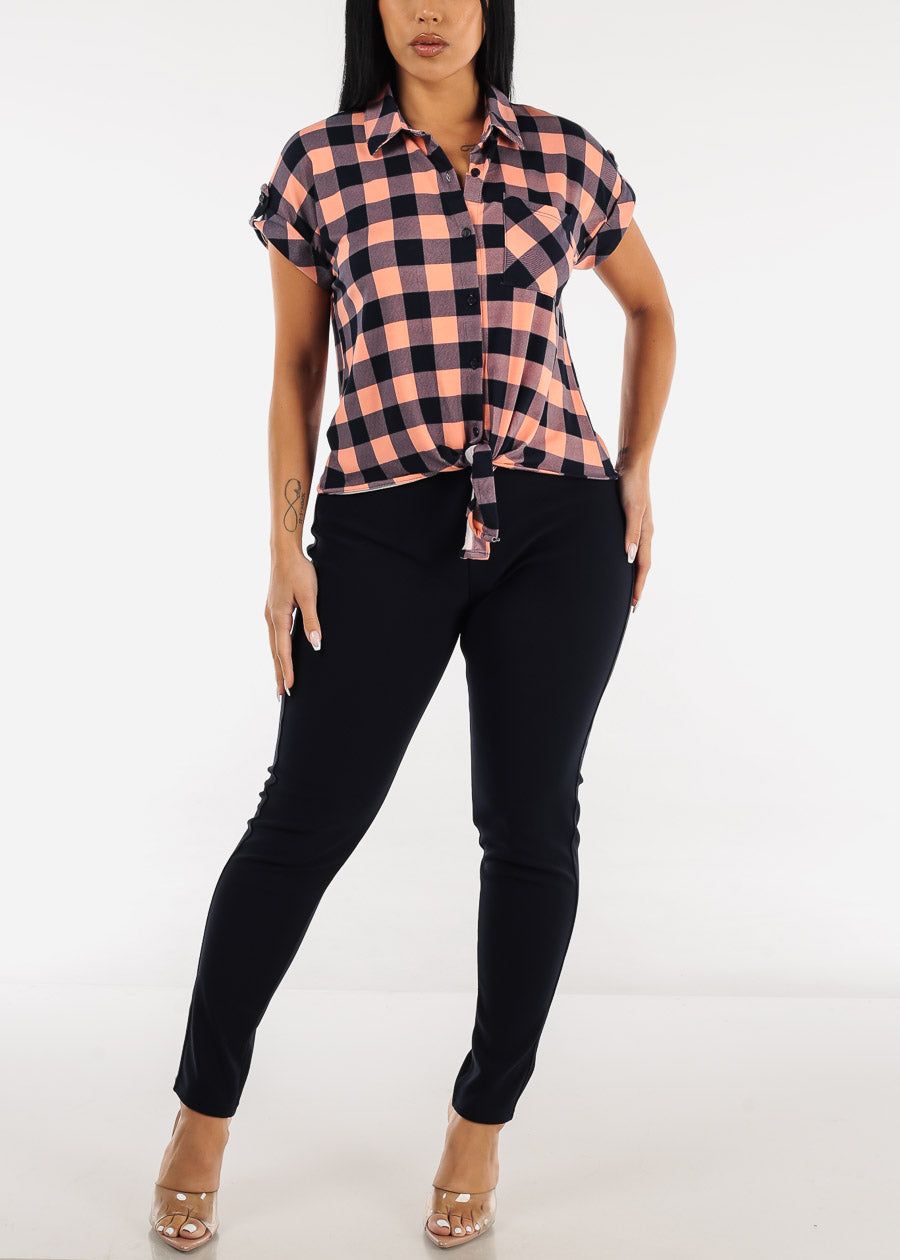 Short Sleeve Tie Front Button Up Plaid Shirt Mauve & Navy sold by Moda product image thumbnail 2