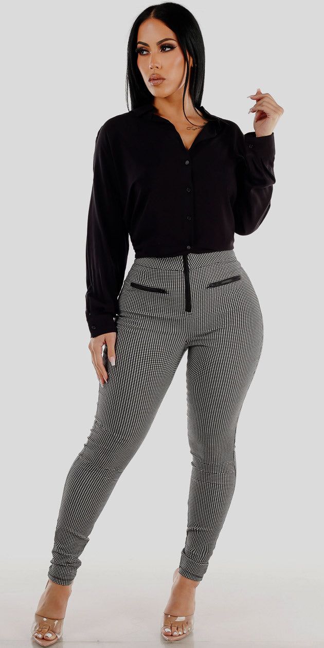 Zip Front Black Checkered Skinny Pants with Black Long Sleeve Button Down Shirt sold by Moda