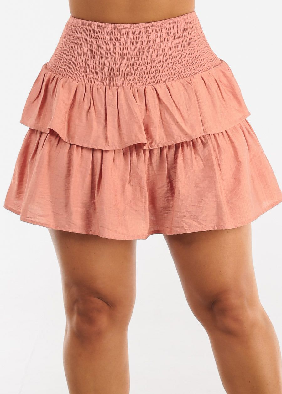 Mauve Smocked Waist Ruffle Mini Skirt sold by Moda