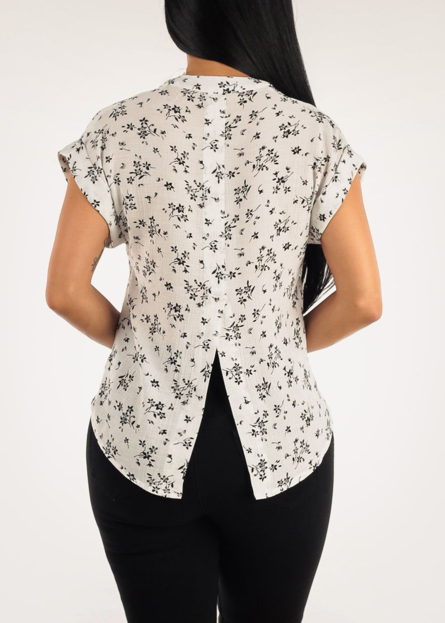 White Floral Short Sleeve Loose Button Up Shirt sold by Moda product image thumbnail 4