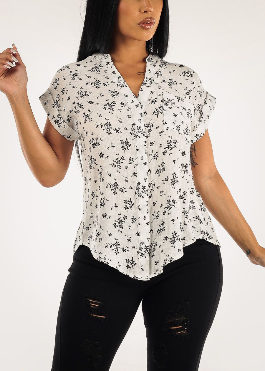 White Floral Short Sleeve Loose Button Up Shirt sold by Moda