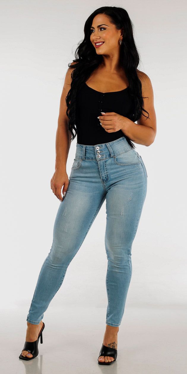 Butt Lifting Light Blue Skinny Jeans with Sleeveless Ribbed Bodysuit sold by Moda product image thumbnail 2