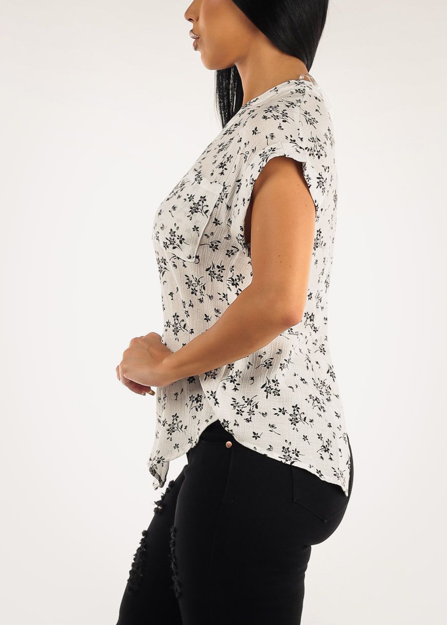 White Floral Short Sleeve Loose Button Up Shirt sold by Moda product image thumbnail 3