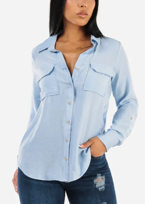 Button Down Long Sleeve Shirt Light Blue w Pockets sold by Moda