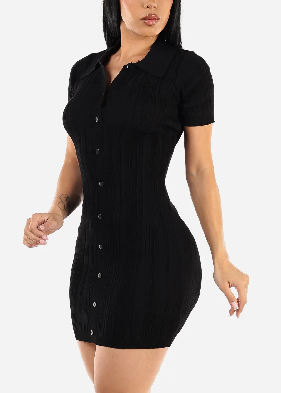 Short Sleeve Collared Bodycon Mini Dress Black sold by Moda
