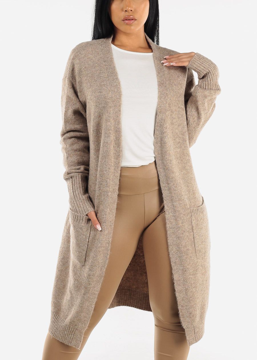 Long Sleeve Light Mocha Maxi Cardigan w Pockets sold by Moda