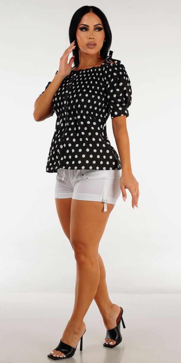 White Drawstring Waist Cargo Shorts with Black Smocked Polka Dot Blouse sold by Moda