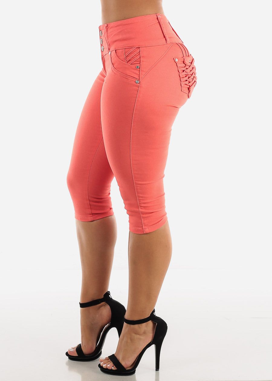 MX JEANS Butt Lifting Braided Pockets Coral Capris sold by Moda product image thumbnail 4