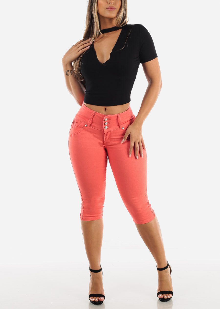 MX JEANS Butt Lifting Braided Pockets Coral Capris sold by Moda product image thumbnail 2