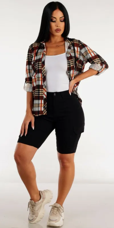 Black Hyper Stretch Cargo Bermuda Shorts White Seamless Tank Top and Long Sleeve Plaid Shacket sold by Moda