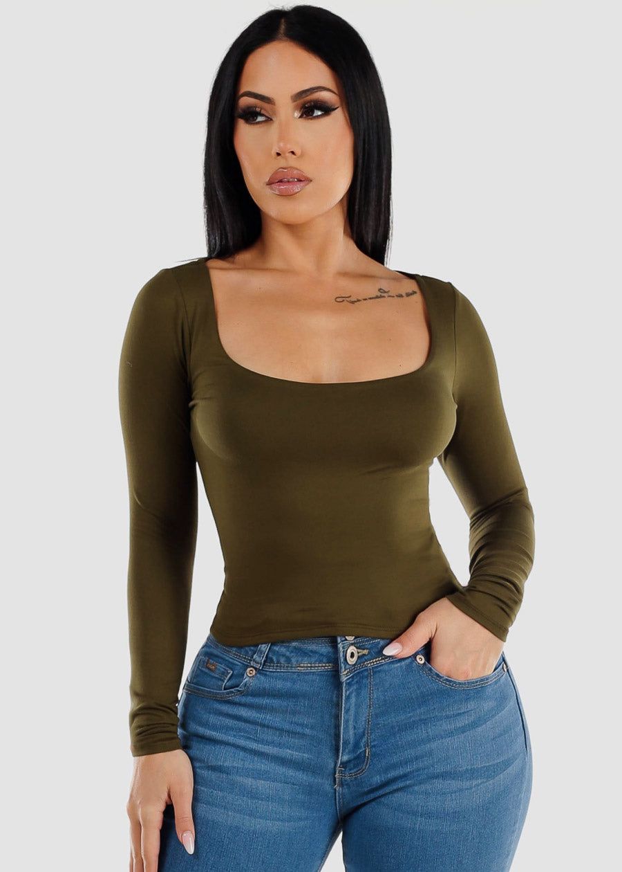 Long Sleeve Scoop Neck Fitted Top Olive sold by Moda