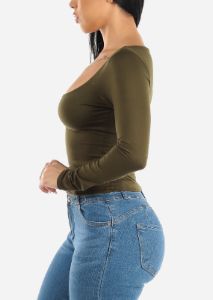 Long Sleeve Scoop Neck Fitted Top Olive sold by Moda