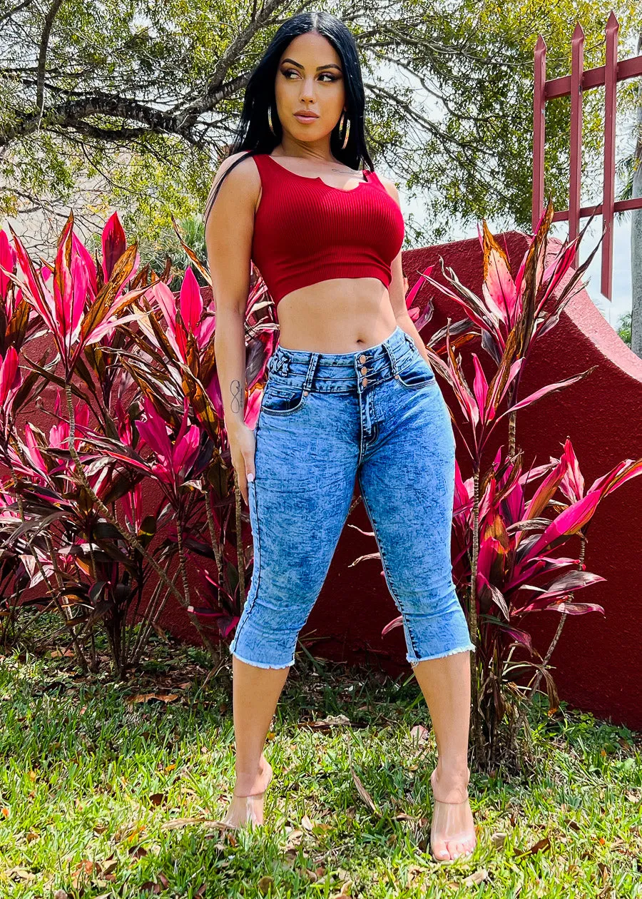 High Waisted Acid Wash Butt Lift Denim Capris sold by Moda product image thumbnail 2