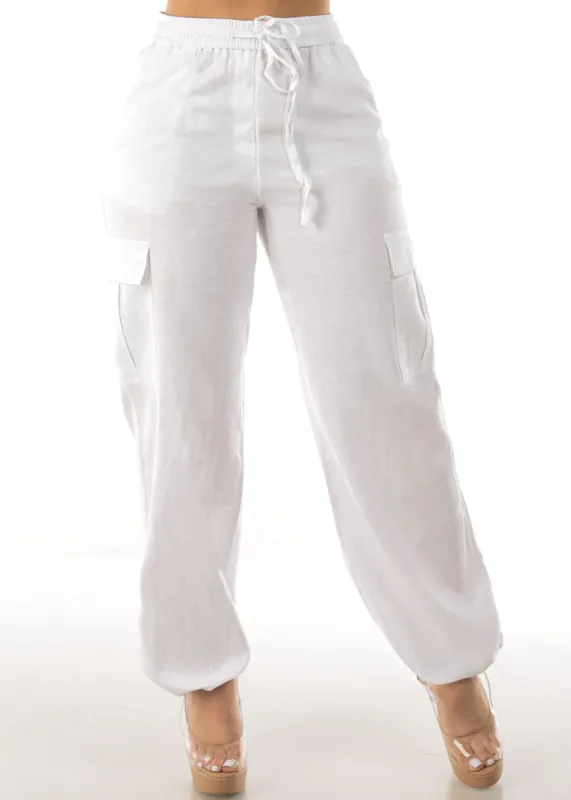 White Linen High Waist Cargo Pants Drawstring Hem sold by Moda