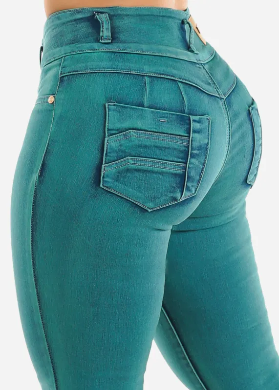 High Waisted Acid Wash Butt Lifting Skinny Jeans Teal sold by Moda