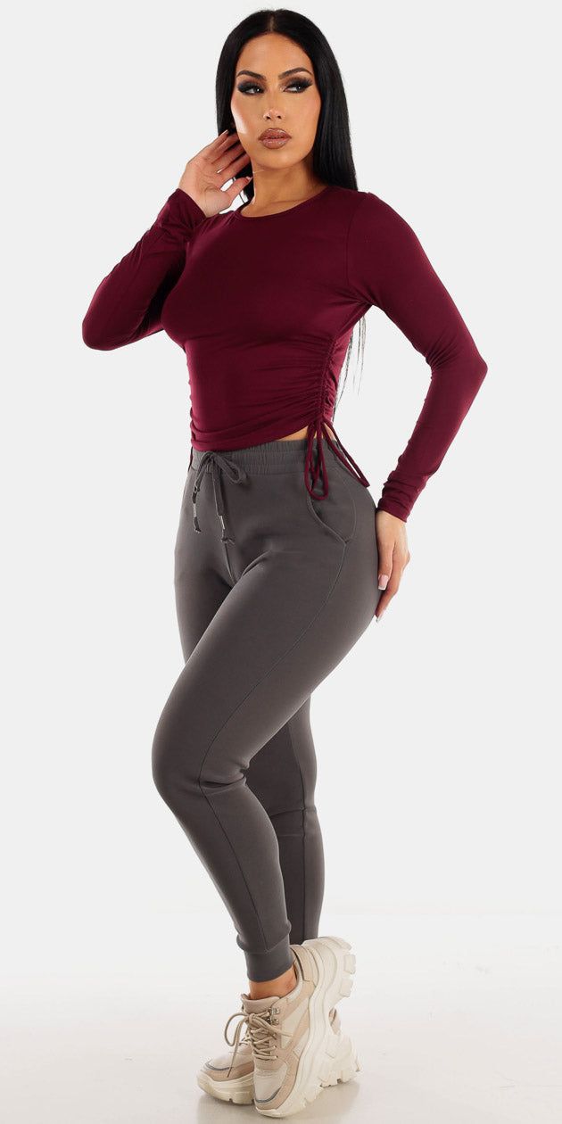 High Waisted Charcoal Jogger Pants with Burgundy Ruched Sides Long Sleeve Top sold by Moda