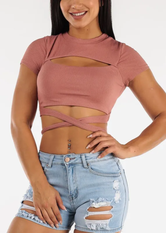 Short Sleeve Cut Out Rose Ribbed Crop Top w Waist Tie sold by Moda
