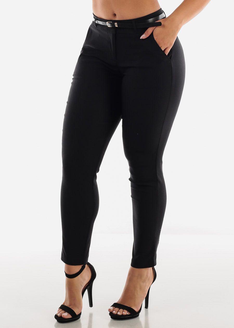 Mid Rise Black Dressy Pants W Belt sold by Moda