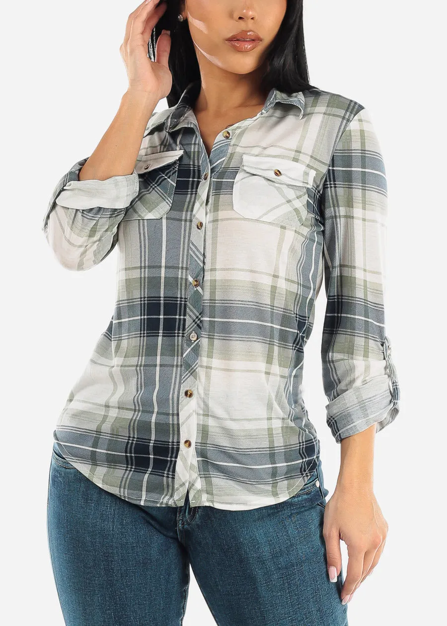Long Sleeve Button Up Plaid Shirt Sage & Ivory sold by Moda