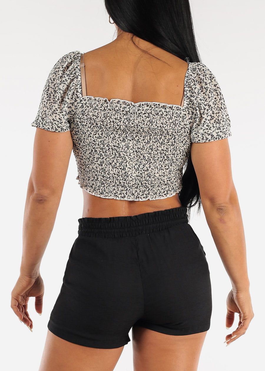 Floral Drawstring Front Smocked Crop Top White sold by Moda product image thumbnail 4