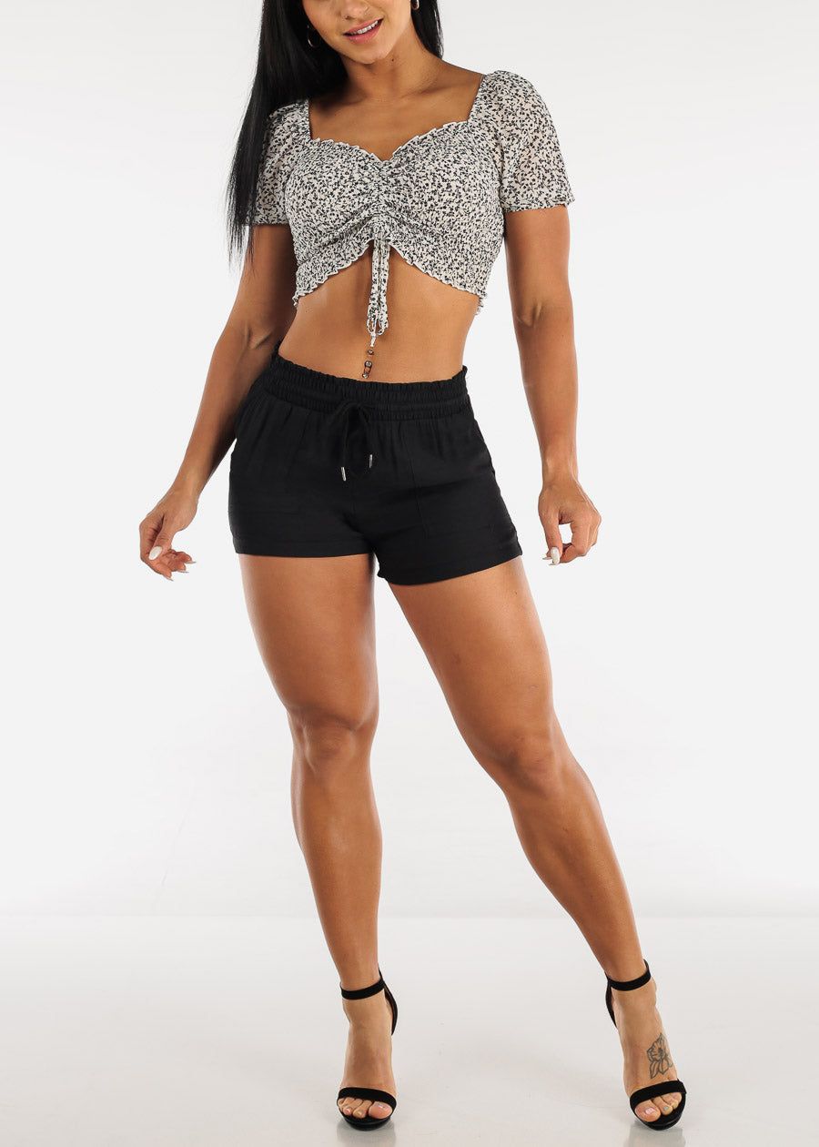 Floral Drawstring Front Smocked Crop Top White sold by Moda product image thumbnail 2