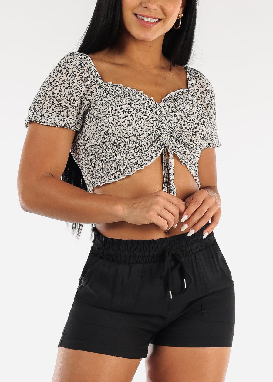 Floral Drawstring Front Smocked Crop Top White sold by Moda