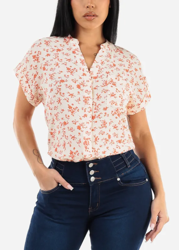 Floral Short Sleeve Button Up Woven Top Ivory sold by Moda