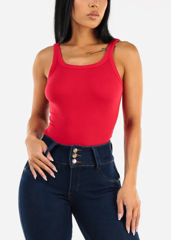 Sleeveless Scoop Neck Ribbed Tank Top Red sold by Moda