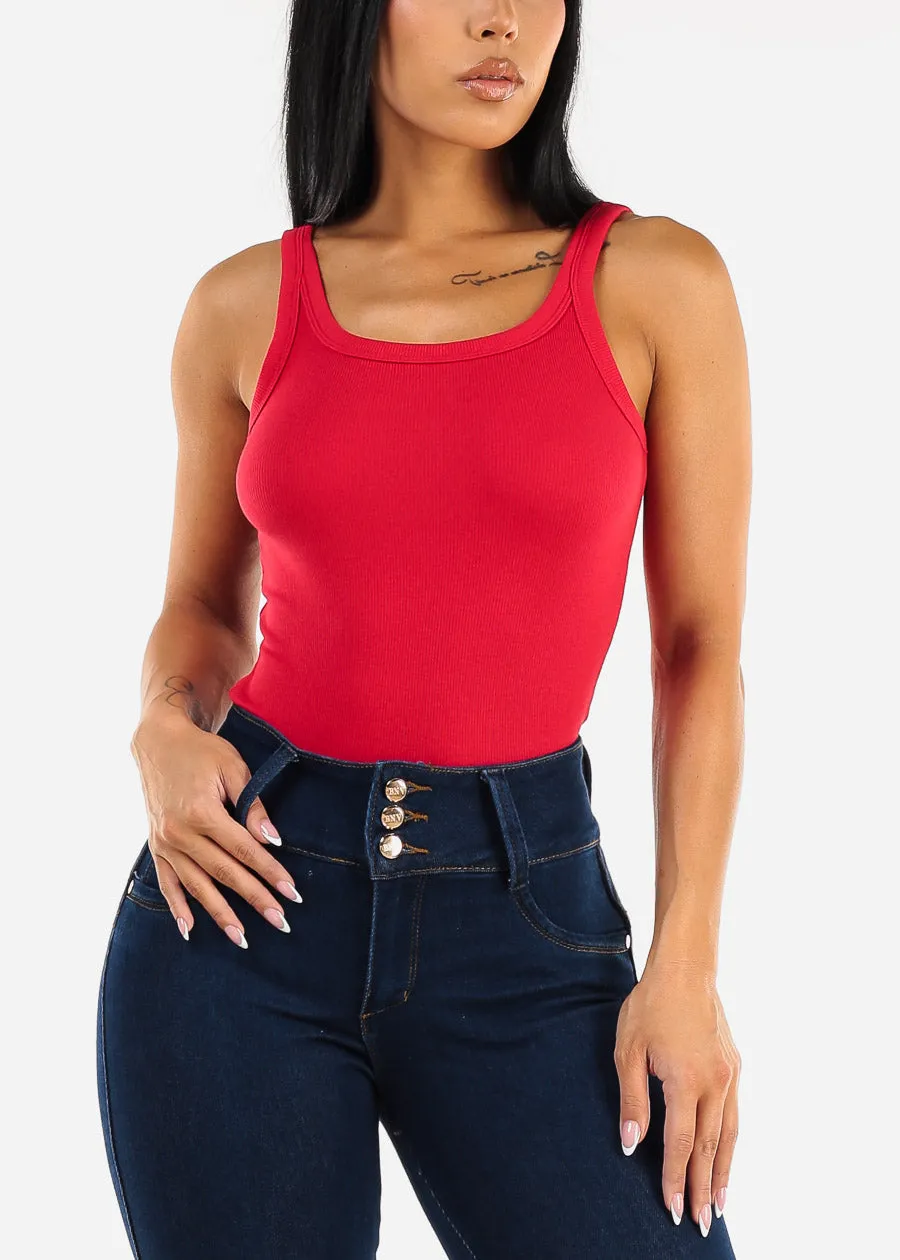 Sleeveless Scoop Neck Ribbed Tank Top Red sold by Moda