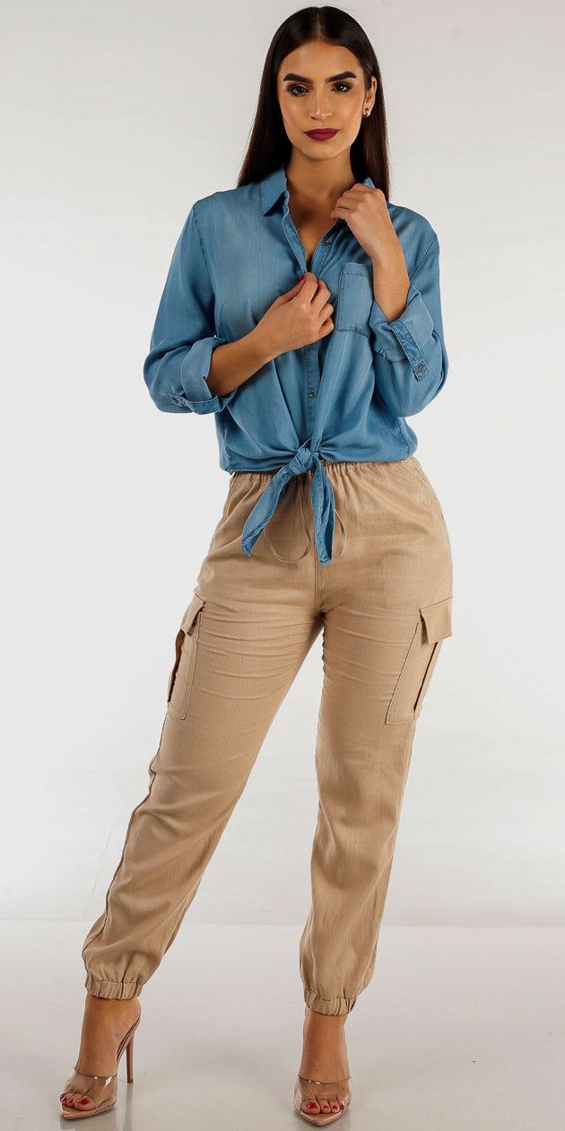 Khaki Drawstring Waist Linen Cargo Joggers with Denim Tie Front Button Up Blouse sold by Moda