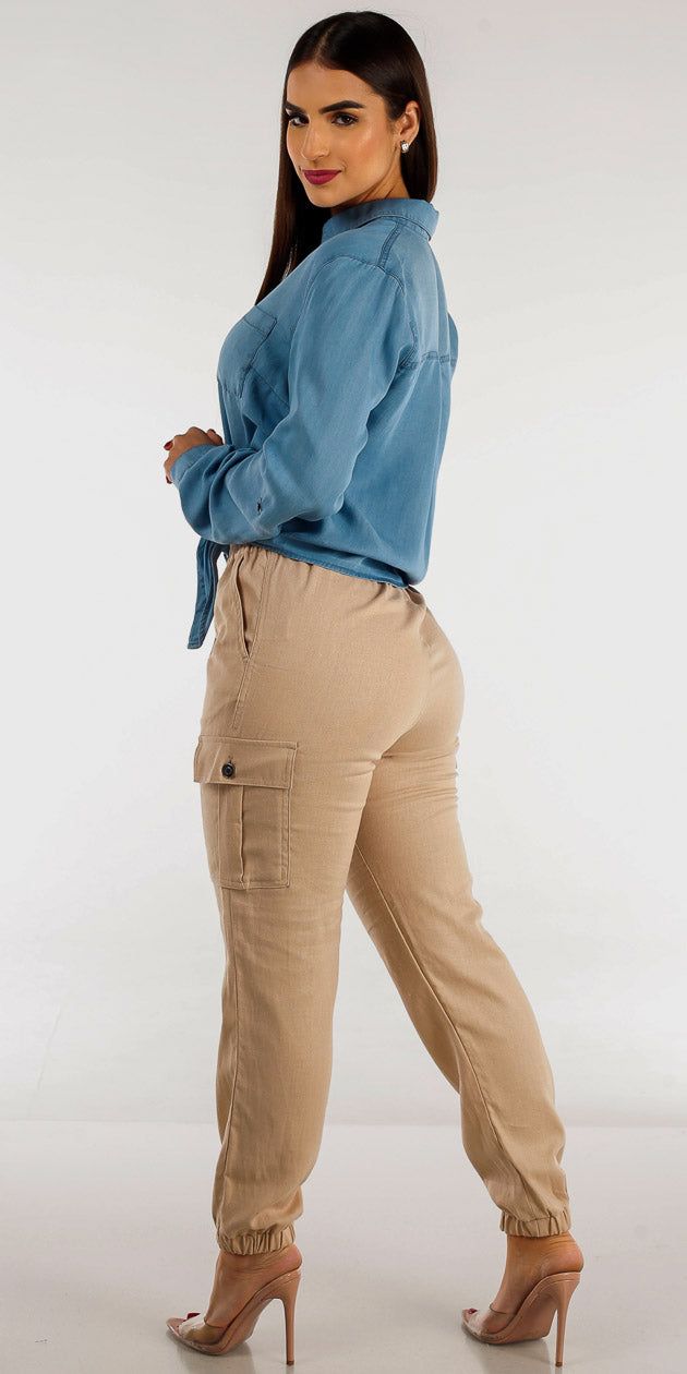 Khaki Drawstring Waist Linen Cargo Joggers with Denim Tie Front Button Up Blouse sold by Moda product image thumbnail 3