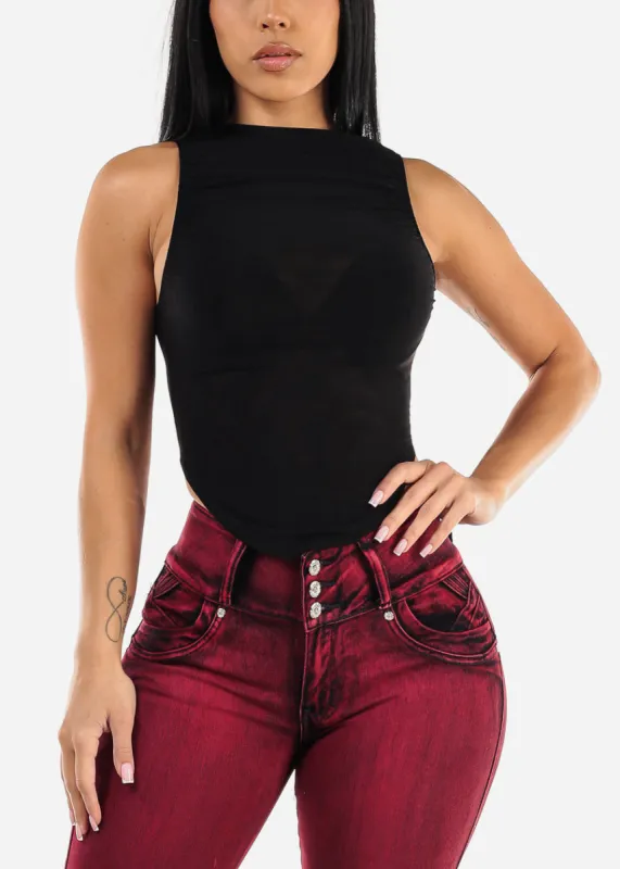 Black Ruched Sleeveless Mesh Top sold by Moda