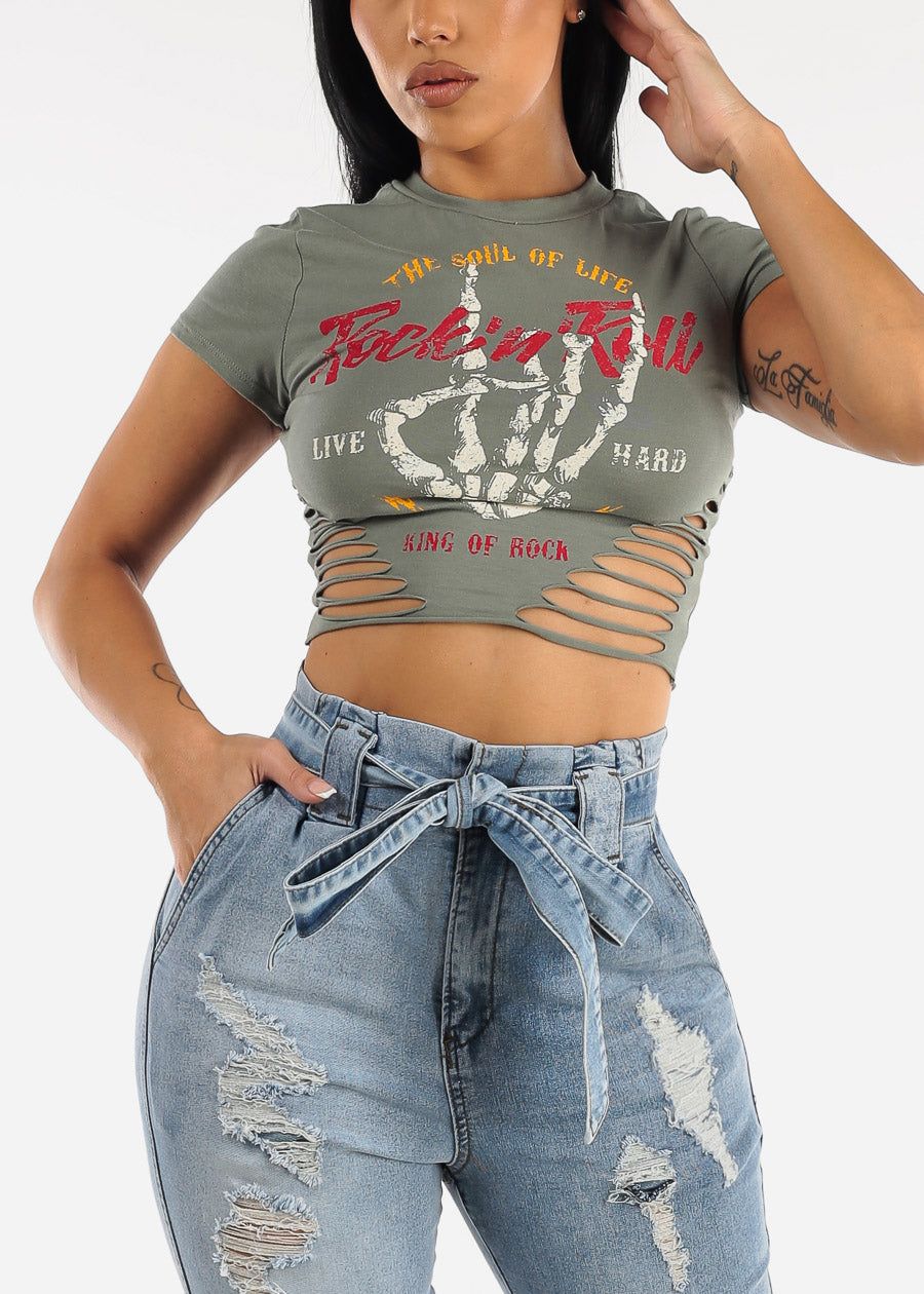 Short Sleeve Cut Out Graphic Crop Top "Rock N Roll" sold by Moda