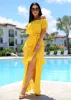 Off Shoulder Side Slit Maxi Dress Mustard sold by Moda