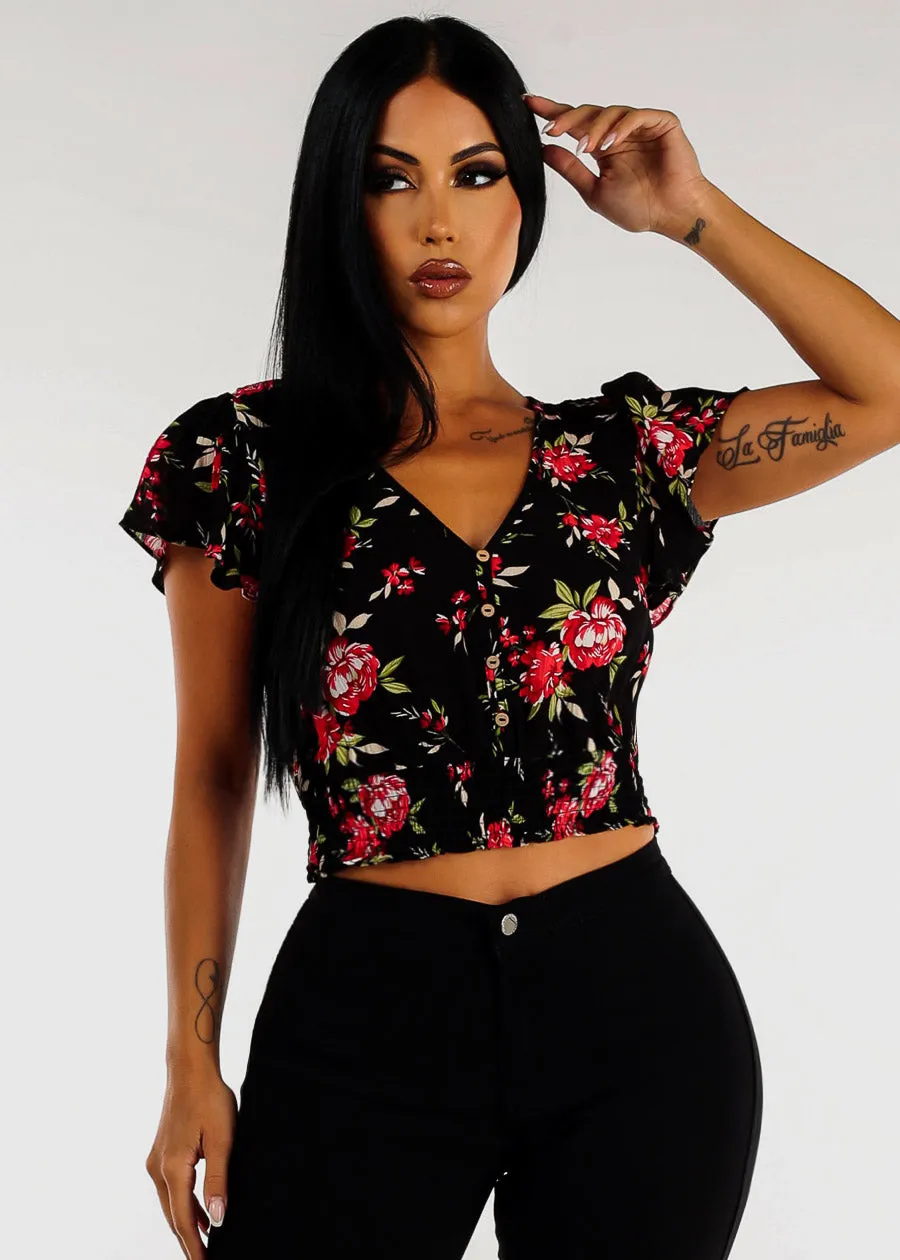 Black Short Sleeve Smocked Hem Floral Vneck Crop Top sold by Moda