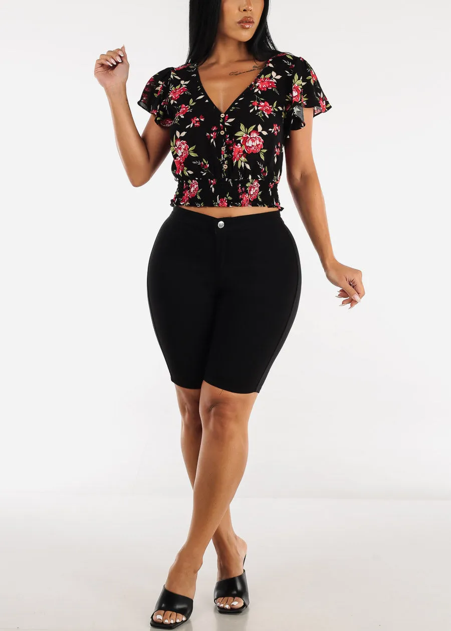 Black Short Sleeve Smocked Hem Floral Vneck Crop Top sold by Moda product image thumbnail 2