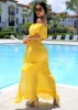 Off Shoulder Side Slit Maxi Dress Mustard sold by Moda