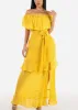 Off Shoulder Side Slit Maxi Dress Mustard sold by Moda