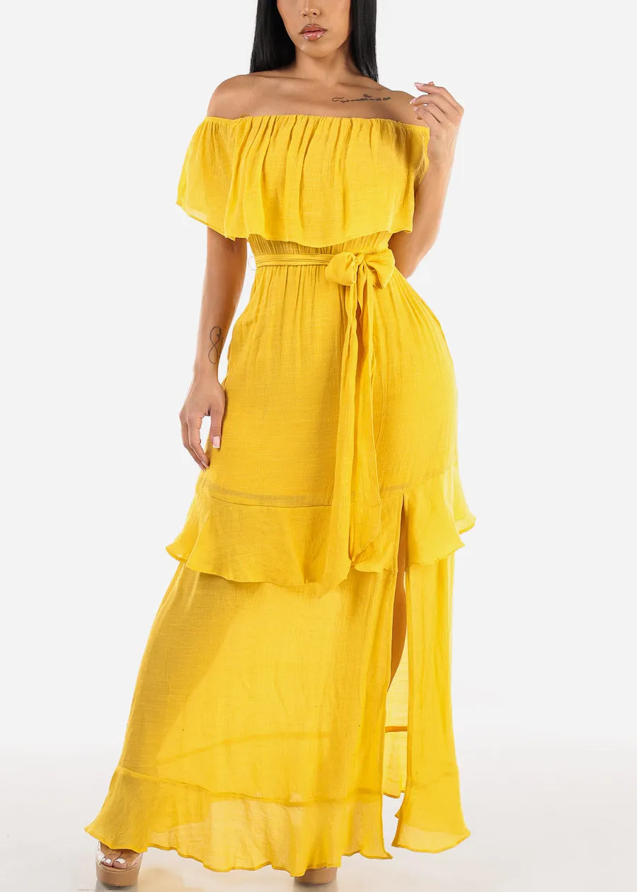 Off Shoulder Side Slit Maxi Dress Mustard sold by Moda product image thumbnail 4