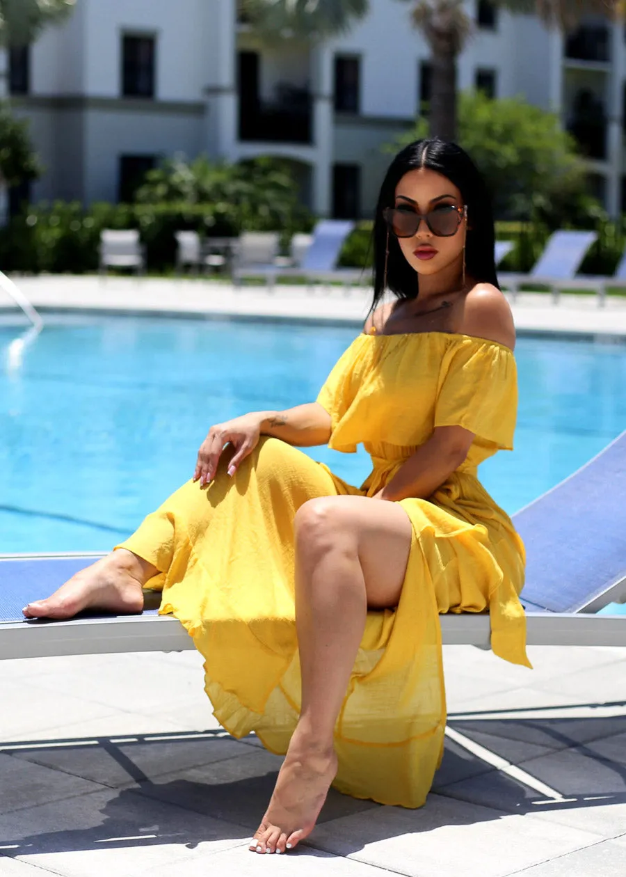 Off Shoulder Side Slit Maxi Dress Mustard sold by Moda