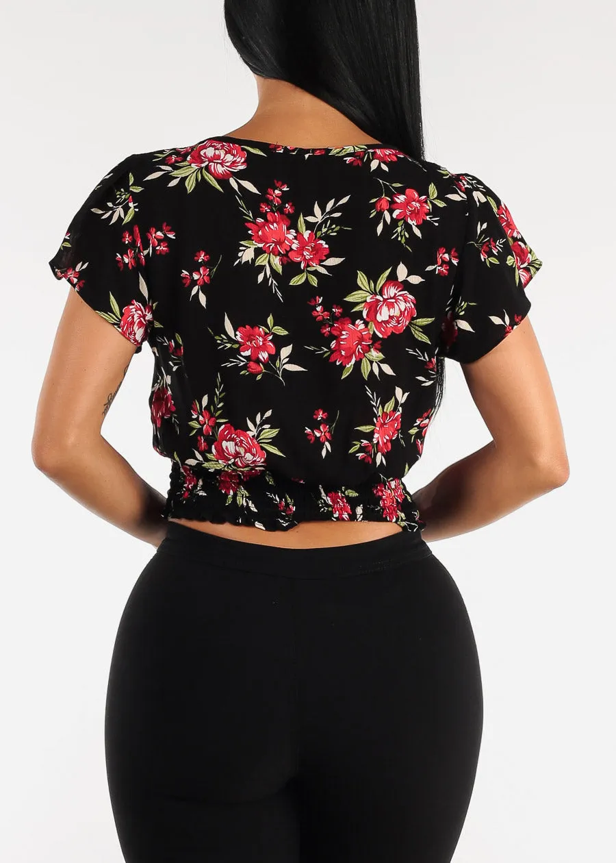 Black Short Sleeve Smocked Hem Floral Vneck Crop Top sold by Moda product image thumbnail 4