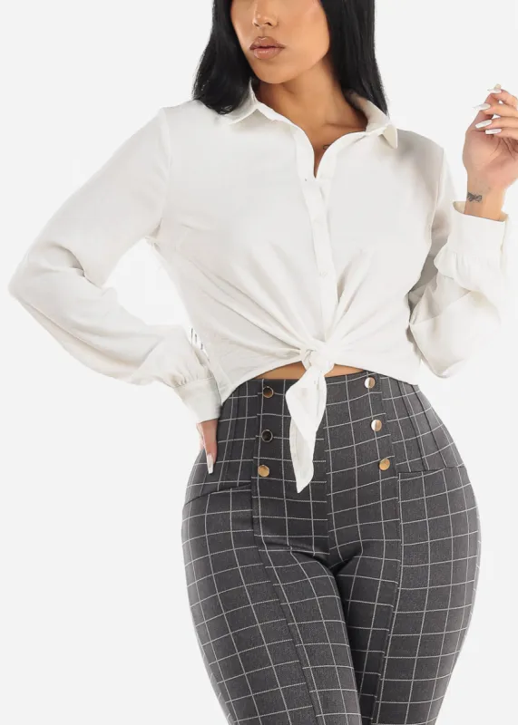 Long Sleeve Tie Front Button Up Collared Blouse Off White sold by Moda