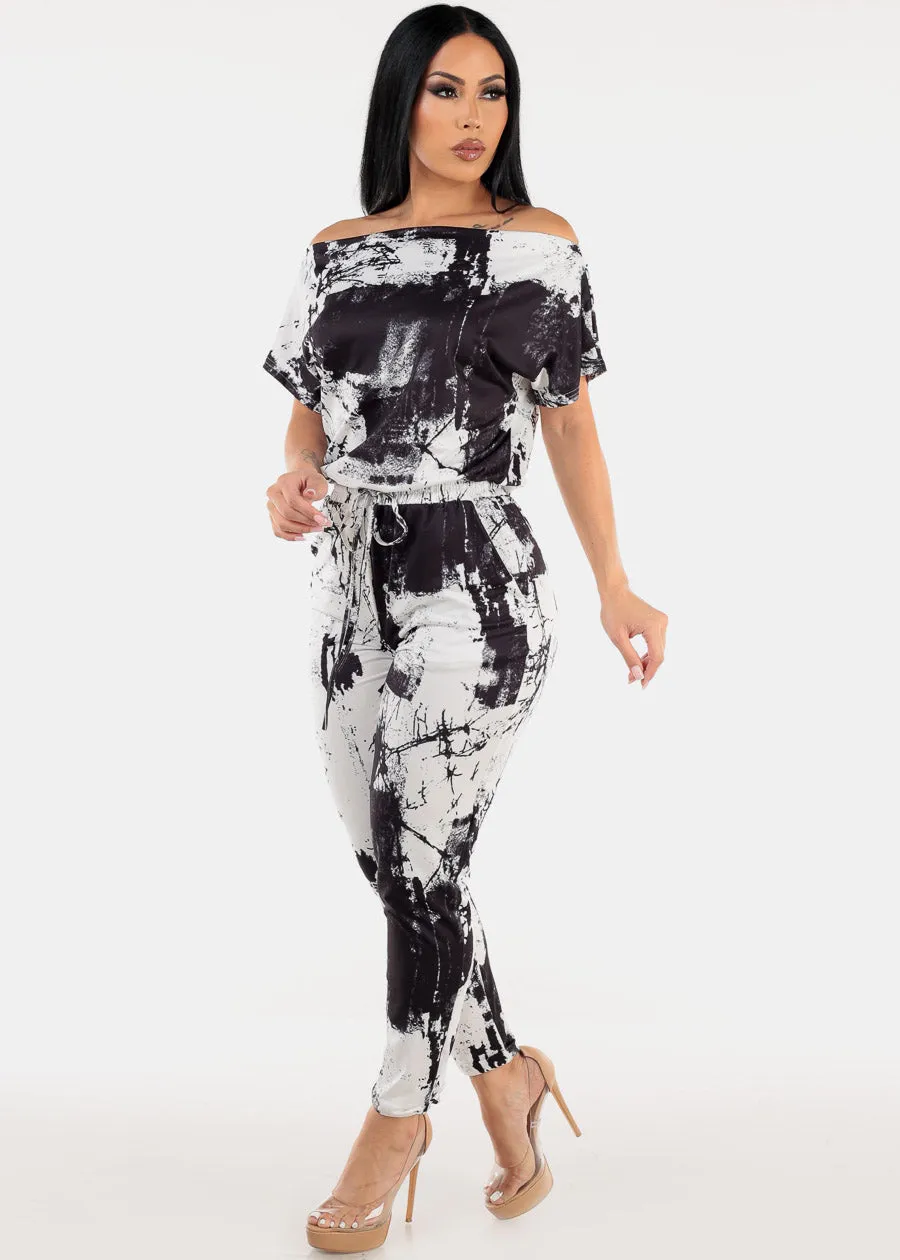 Off Shoulder Printed Skinny Jumpsuit B&W sold by Moda