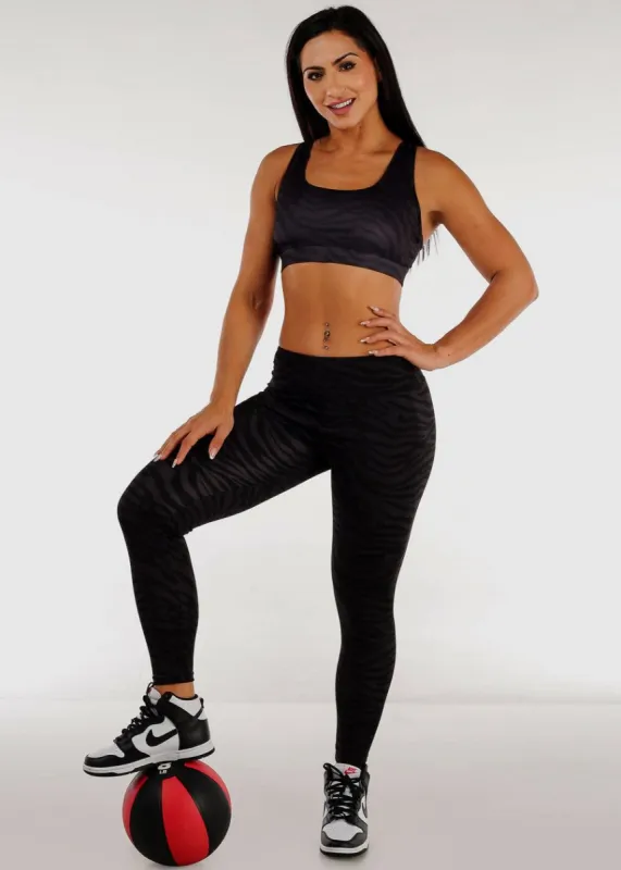 Grey Scoop Neck Sports Bra & High Waist Leggings Zebra Print (2 PCE SET) sold by Moda