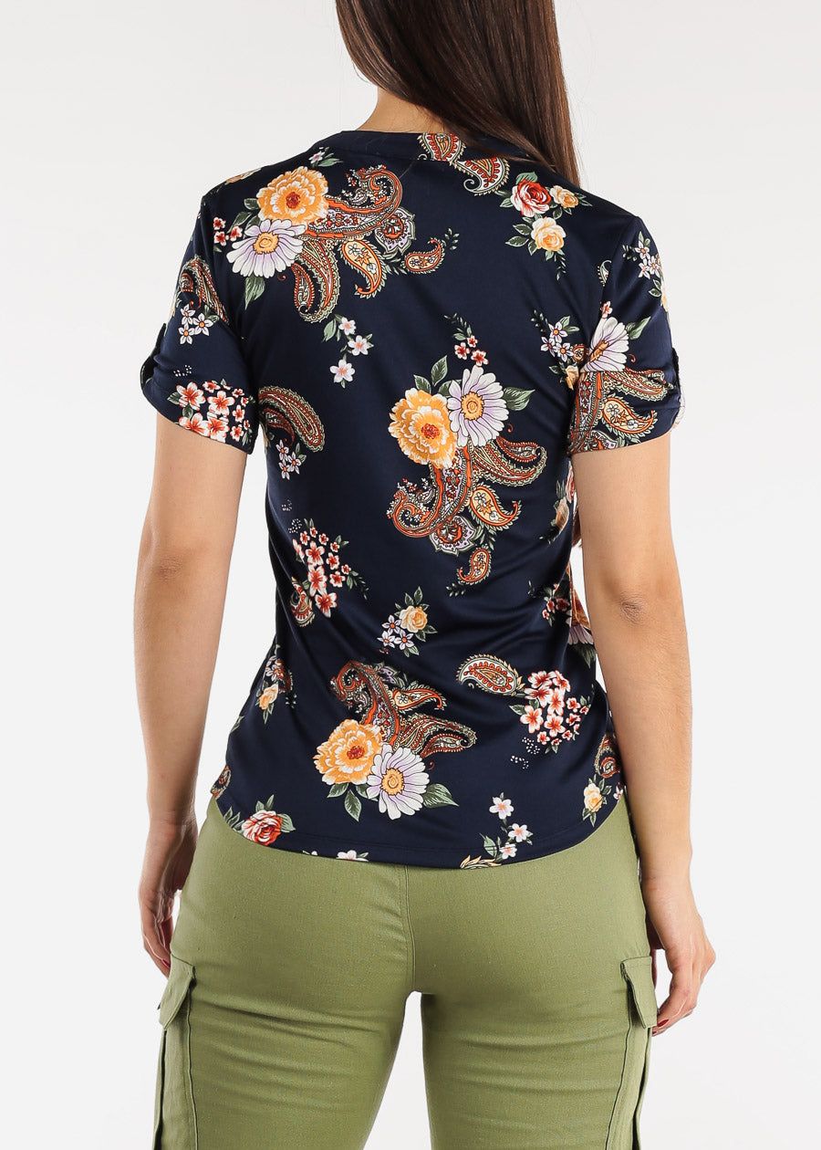 Short Sleeve Half Button Up Floral Blouse Navy sold by Moda product image thumbnail 4