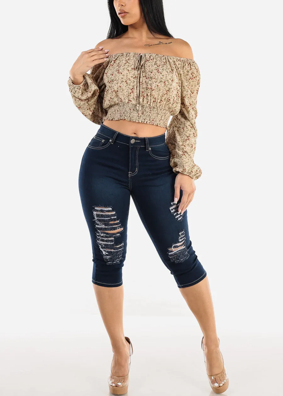 Off Shoulder Long Sleeve Smocked Waist Floral Top Beige sold by Moda product image thumbnail 2