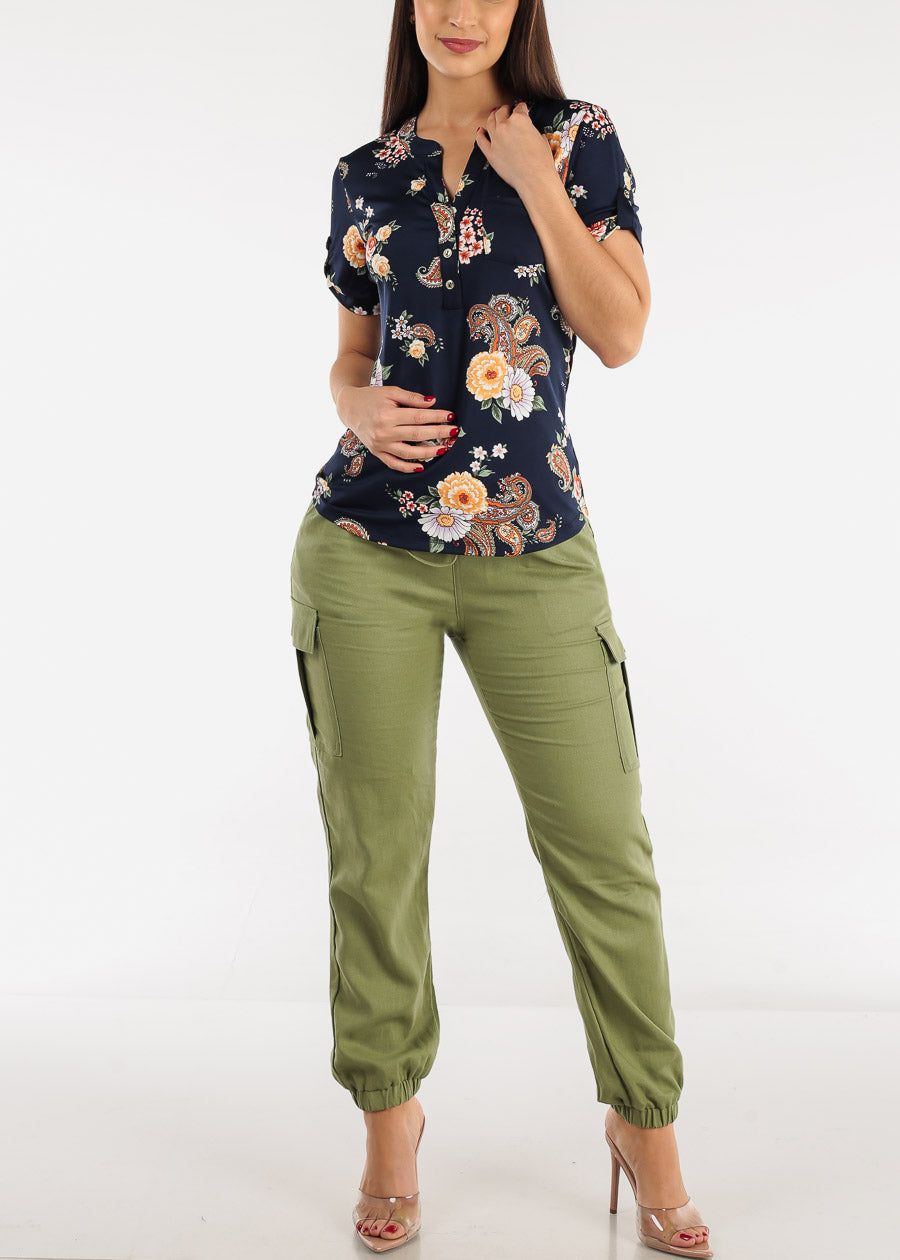 Short Sleeve Half Button Up Floral Blouse Navy sold by Moda product image thumbnail 2